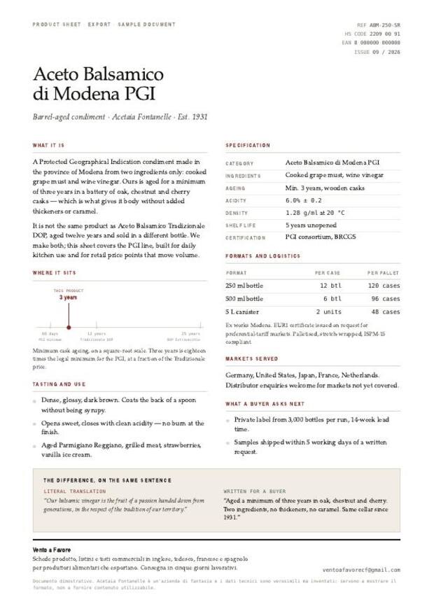 Anteprima della scheda prodotto per un aceto balsamico, in inglese