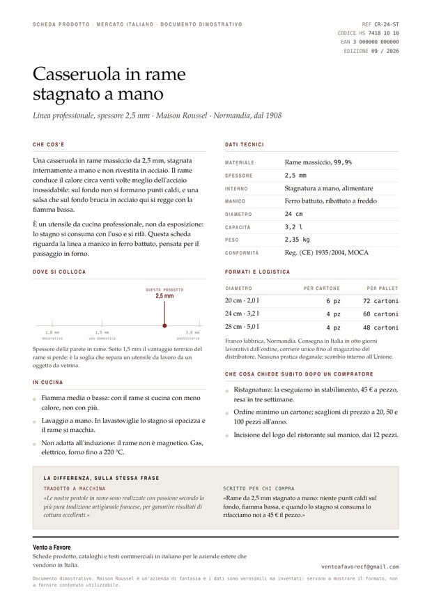 Vorschau eines Produktblatts für eine Kupferkasserolle, auf Italienisch